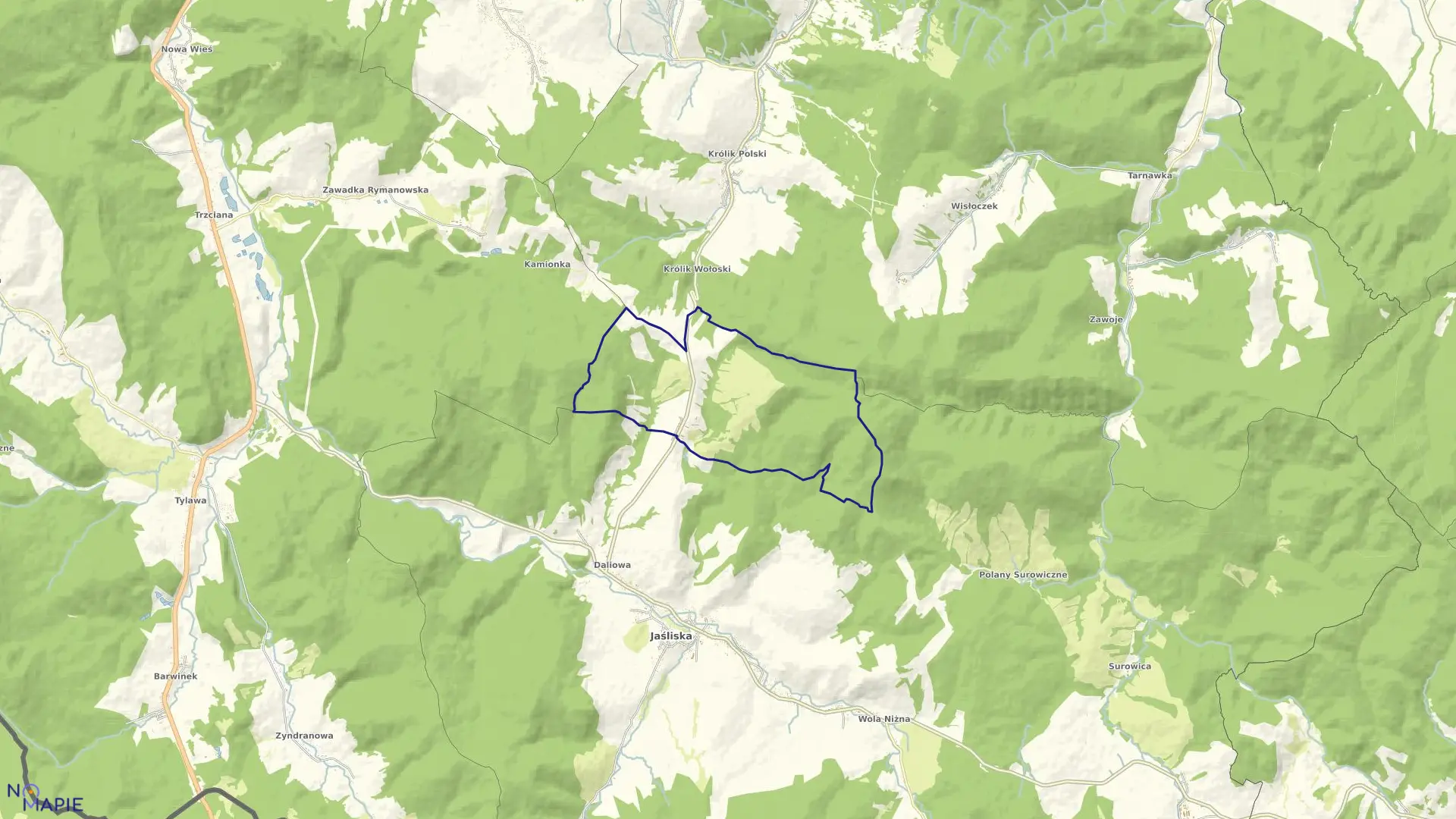 Mapa obrębu Szklary w gminie Jaśliska